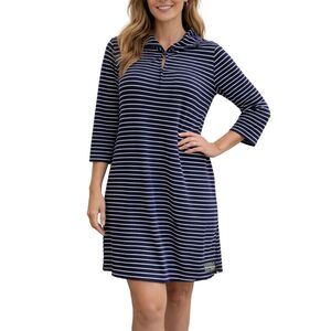 Ralph Lauren LRL Polo Shirt Dress Large Navy White Stripe Knit 3/4 Sleeve Casual